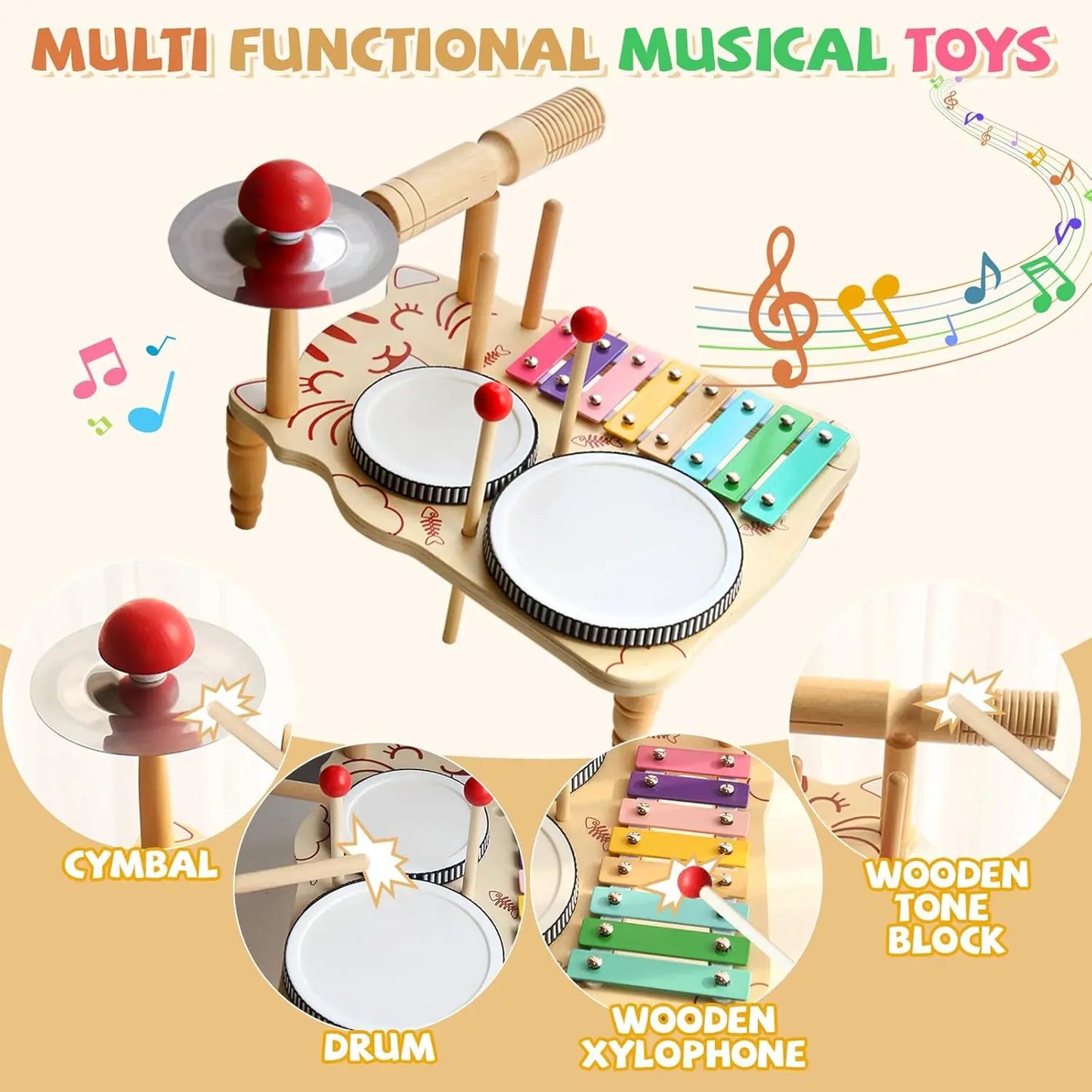 Wooden Music Toys For Babies Children's Multifunctional Music Knocking Table Early Education Kids Drum Set Music Toy Baby Gift