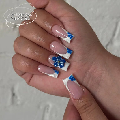 24pcs Blush Pink French Press On Nails Hand-painted White Flower Gold Ball Designs Fake Nail Short Square Korean False Nail Tips