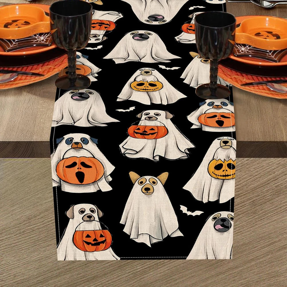 Ghost Dog Table Runner Halloween Lantern Pumpkin Bat Kitchen Dining Table Decoration Kitchen Dining Table Decor Washable