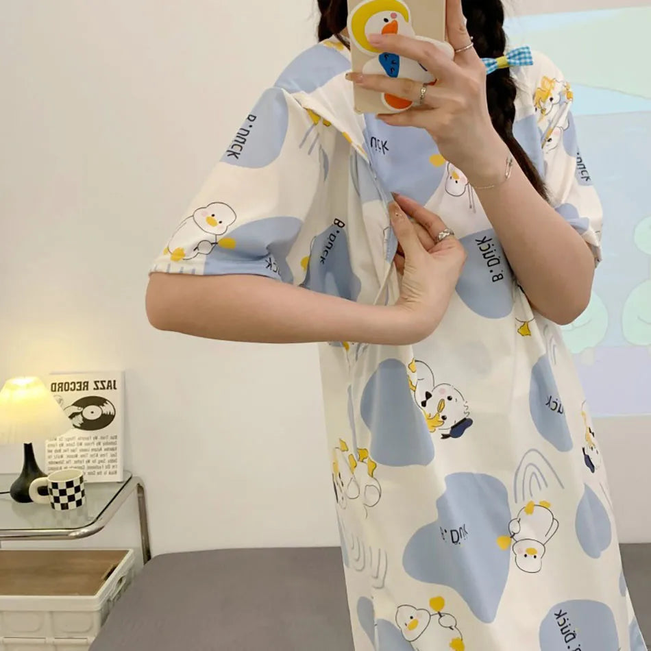 Maternity Clothings Nursing Dresses Breastfeeding Sleepwear Pattern Printing Cheerful and Lively Girl Feeling for Pregnant Women