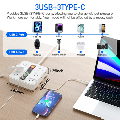 Australian plug power board 6/12 power sockets 6 USB (3A+3C) smart charging overload protection switch 1.8M extension cable