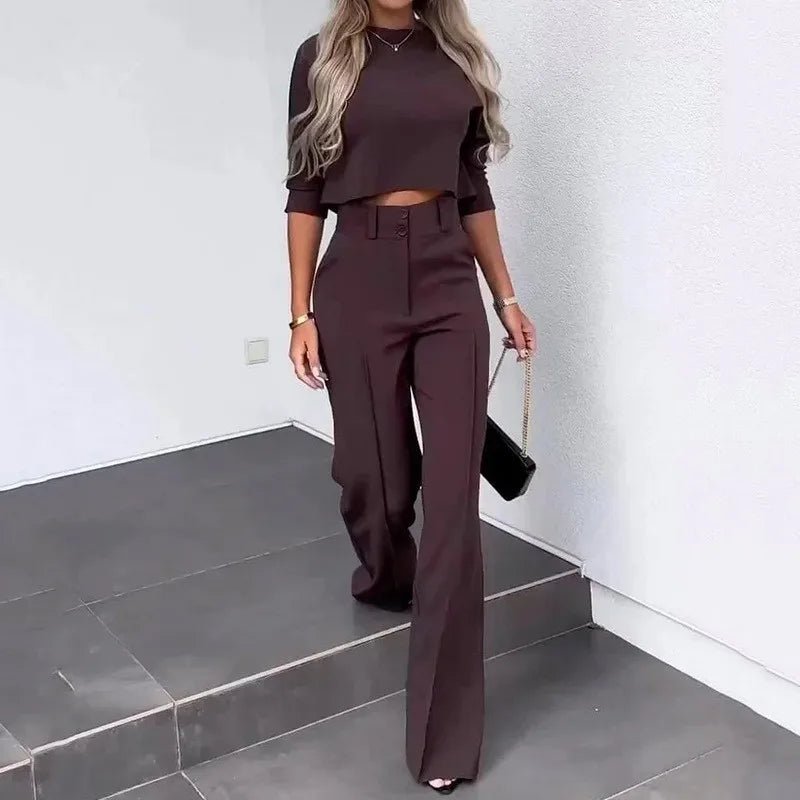 Elegant Office Lady Suits Fashion Solid Color Two Piece Set For Women Casual Crop Top+high Waist Pants Women's Sets 2024 Autumn