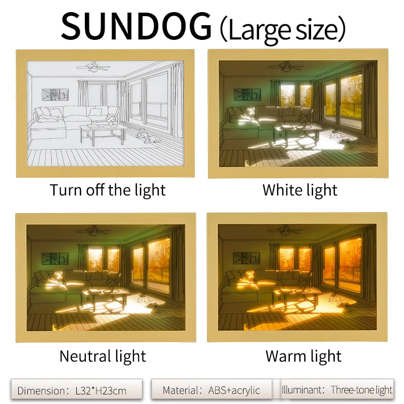 Beautiful LED Light Painting Indoor Sunlight Window Wooden Photo Light Dimming Wall Artwork Table Lamp Home Decor Night Lamp