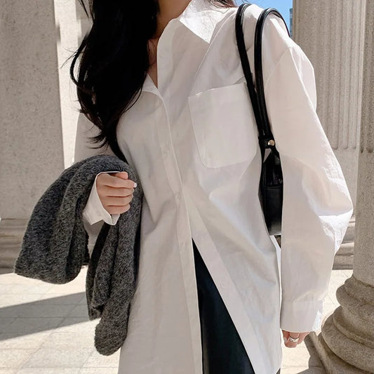 Office Lady Elegant White Casual Loose Blouses Fashion New Cotton Long Sleeve Women Shirt Turndown Collar Tops