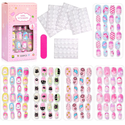120Pcs Children's Press on Nails Kids Cartoon Acrylic Fake Nails Tips Kawaii Girl Full Cover Short False Nails With Jelly Glue#@