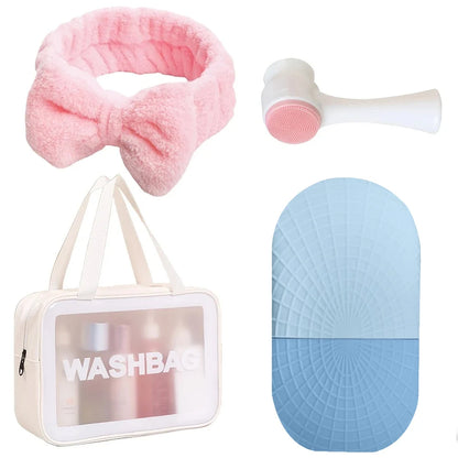 4-Piece Skin Care Gift Set: Ice Roller, Coral Fleece Headband, Makeup Bag and Cleansing Brush - Beauty Tools, Headband