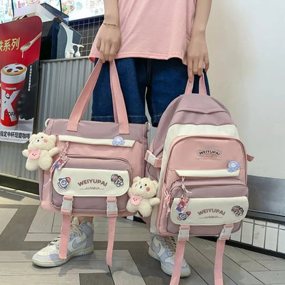 Portable Ins Students School Bags Large Capacity Bear High School Backpacks Multi Pockets Cartoon Teenage Shoulder Bags Girl