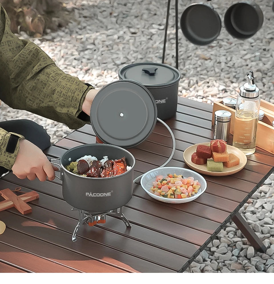 PACOONE Camping Cookware Set Portable Cookware Kit Outdoor Pot Cooking Water Kettle Pan Set Tableware Hiking Picnic Equipment