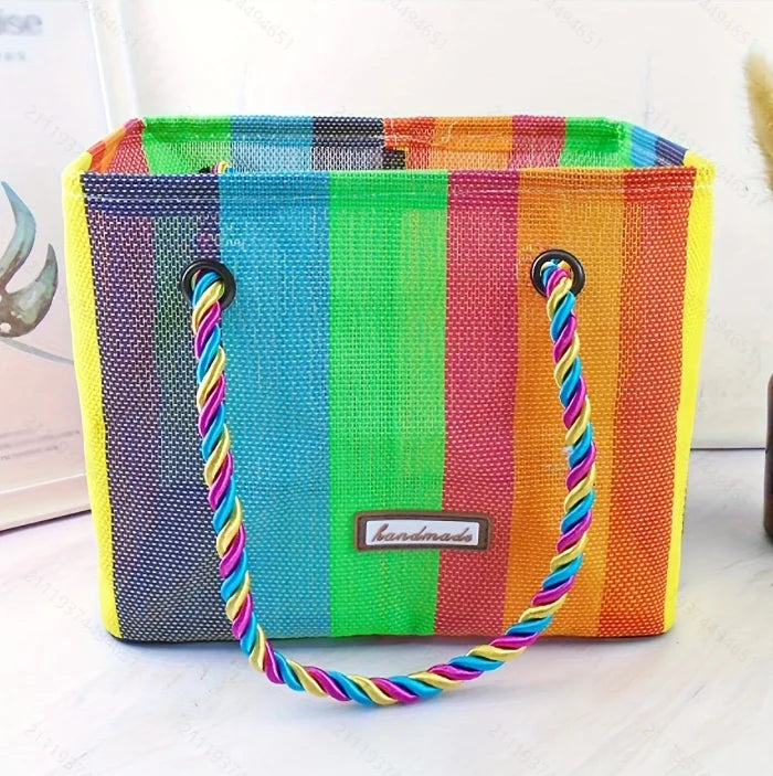 Rainbow woven mesh bath bag portable bath basket folding bath basket Fitness bath bag toiletry bag one package