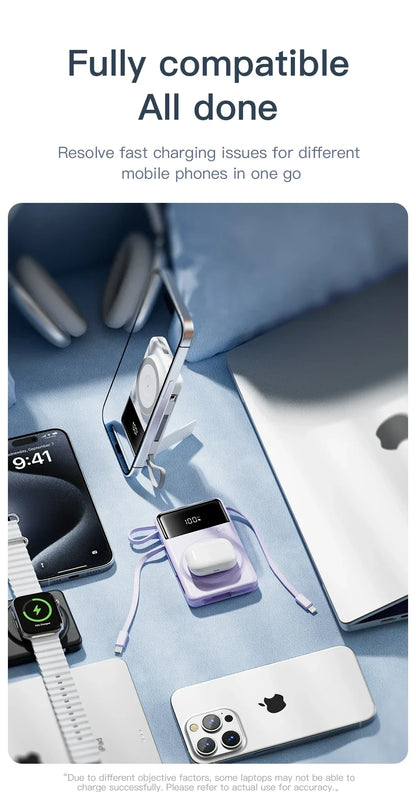 New Portable Built in Cables Magnetic Wireless Power Bank PD35W Fast Charging 20000mAh Large Capacity Powerbank for iPhone 16 15