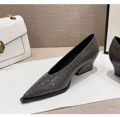 Fashionable Crocodile Leather Office Shoes 2024 Women's Simple Patent Leather Shallow High Heels Pointed Toe Women's High Heels