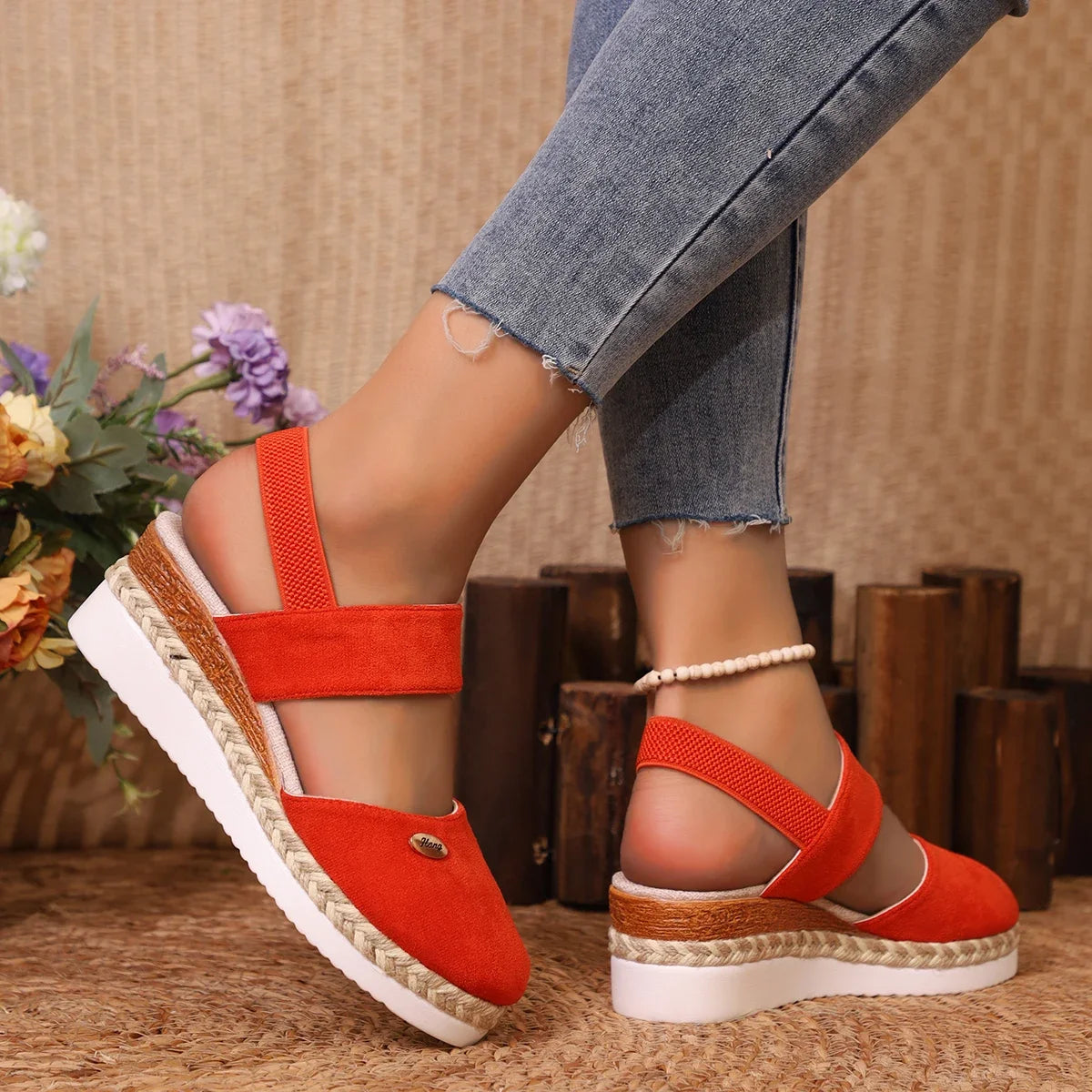 Summer Women Linen Plain 6cm Wedge Sandals Handmade Ladies Casual Comfortable womens shoes