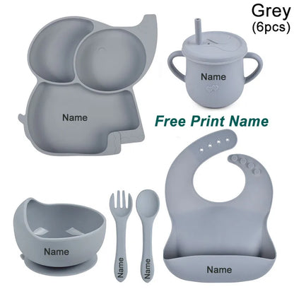 Silicone Baby Feeding Set Soft Silicone Sucker Plate Bowl Elephant Plate Personalized Name Feeding Bib Apron Children's Dishes