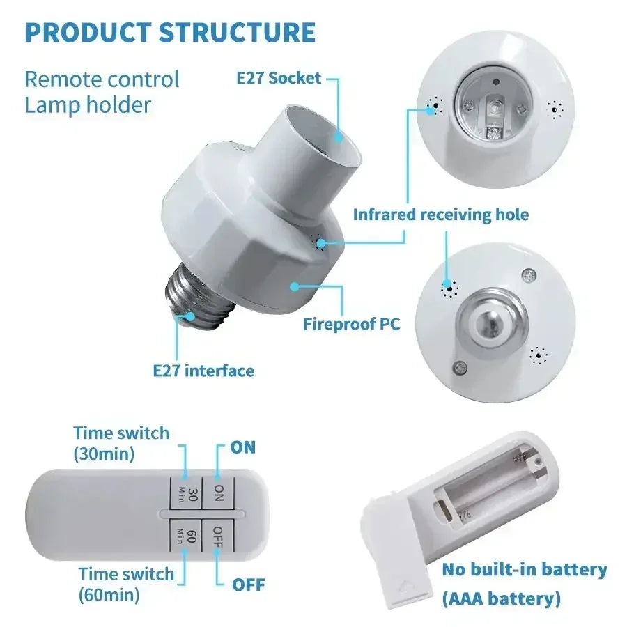 Smart Light Bulb Socket E27 Wireless Remote Control Switch LED Lamp Bases ON/OFF Room Chandelier Timer Switch Battery Powered