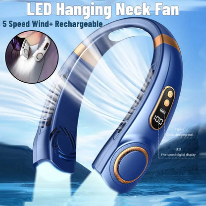 Portable Neck Fan LED Digital Display Hanging Neck Fan Leafless Air Cooler Mute USB Rechargeable Cooler with Atmosphere Light