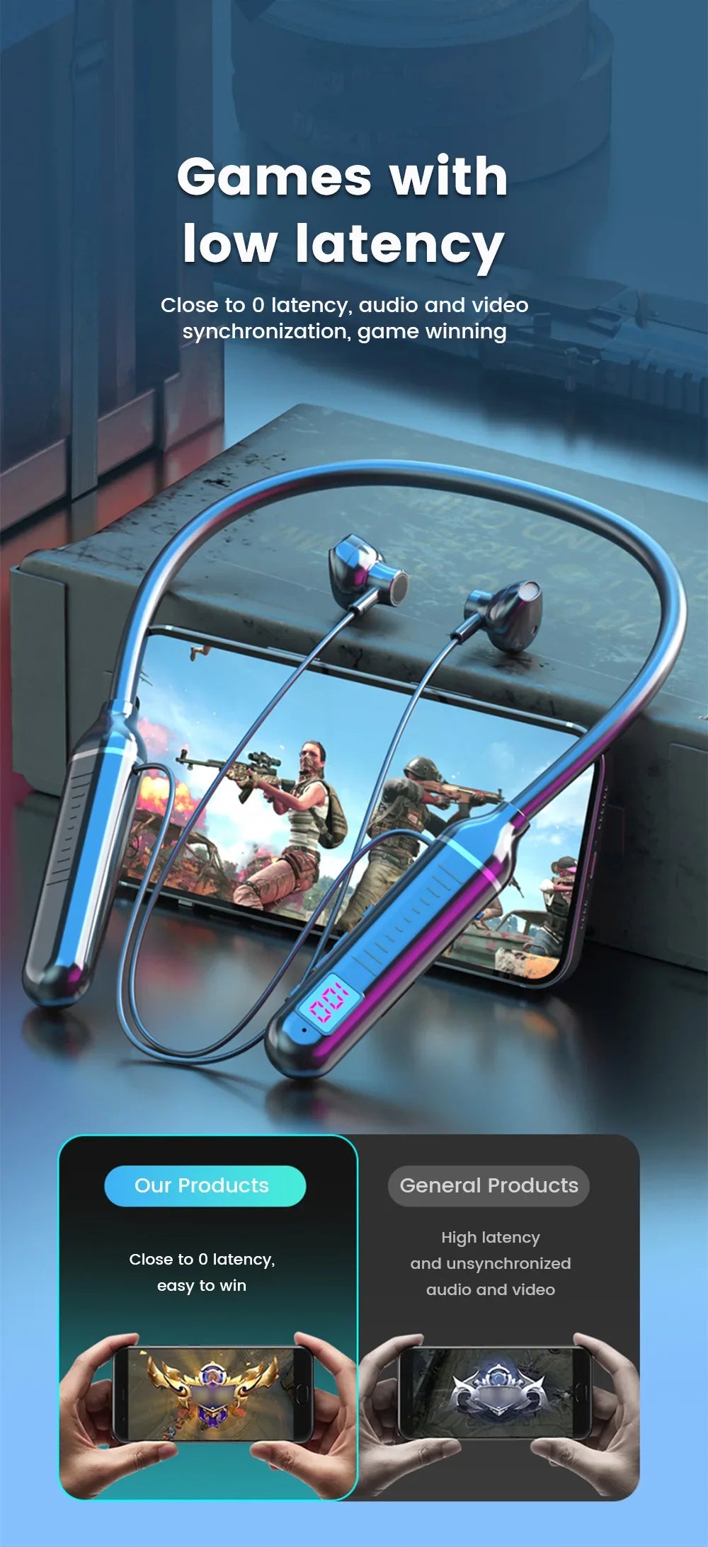 Wireless Headset 5.3 Neck Strap Headset Gaming LED display Stereo Sports headset with magnetic earbuds