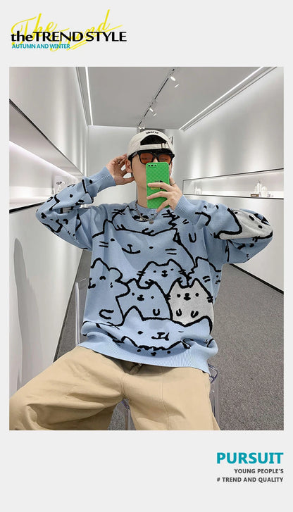 Autumn Cotton Anime Sweaters Men Retro Harajuku Vintage Oversized Sweaters Loose Cute Cartoon Cat Pullovers Homme Men Clothing
