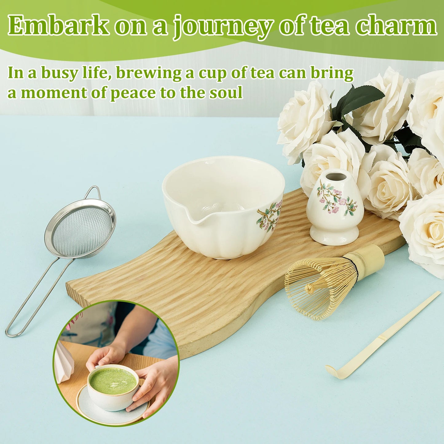 Matcha Whisk and Bowls Kit with Whisk Holder Scoop and Sifter Japanese Style Matcha Making Set Teaset Giftbox for Tea lovers