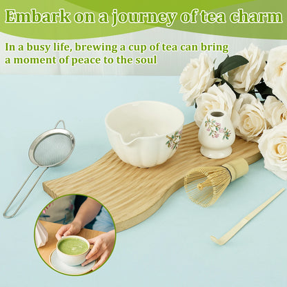 Matcha Whisk and Bowls Kit with Whisk Holder Scoop and Sifter Japanese Style Matcha Making Set Teaset Giftbox for Tea lovers