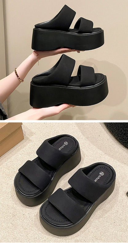 Summer 2023 Chunky Sandals Women's Thick Bottom Wedge Heels Slides 8CM High Heels Platform Leather Casual Beach Flip Flops Woman