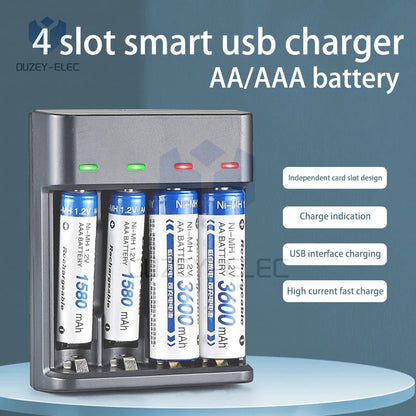 Battery Charger 4 Slot Intelligent Fast Charge With LED Indicator For 1.2V NiMH NiCd AAA/AA Rechargeable Batteries USB Charger