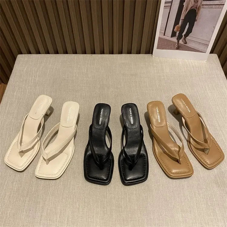 Flip Flops Women Summer Outside New Square Head Slim Heel Sandals Fashion Clip Toe Slippers Women Sandals Pantuflas De Mujer