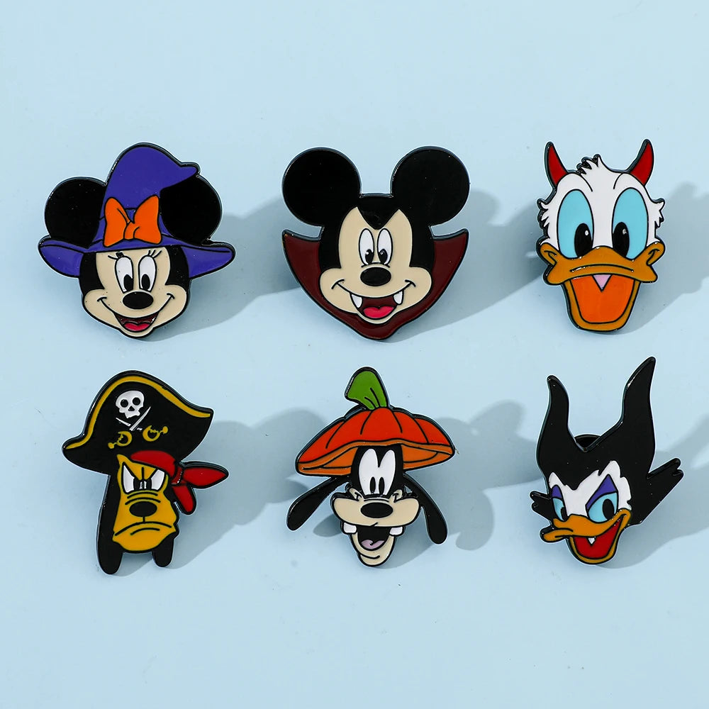 6 Pcs Cartoon cartoon character Mickey Brooch Halloween Mickey Mouse Donald Duck Metal badge Alloy drip pin accessories