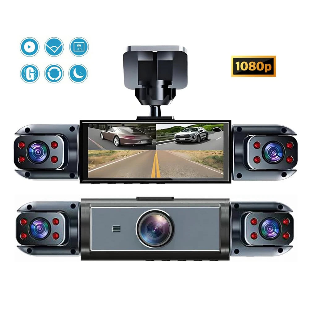 3 Camera Dash Cam, Front Inside Dashcam, Left Right Video Recorder, Loop Recording, Motion Detection, Wide Angle, Night Vision