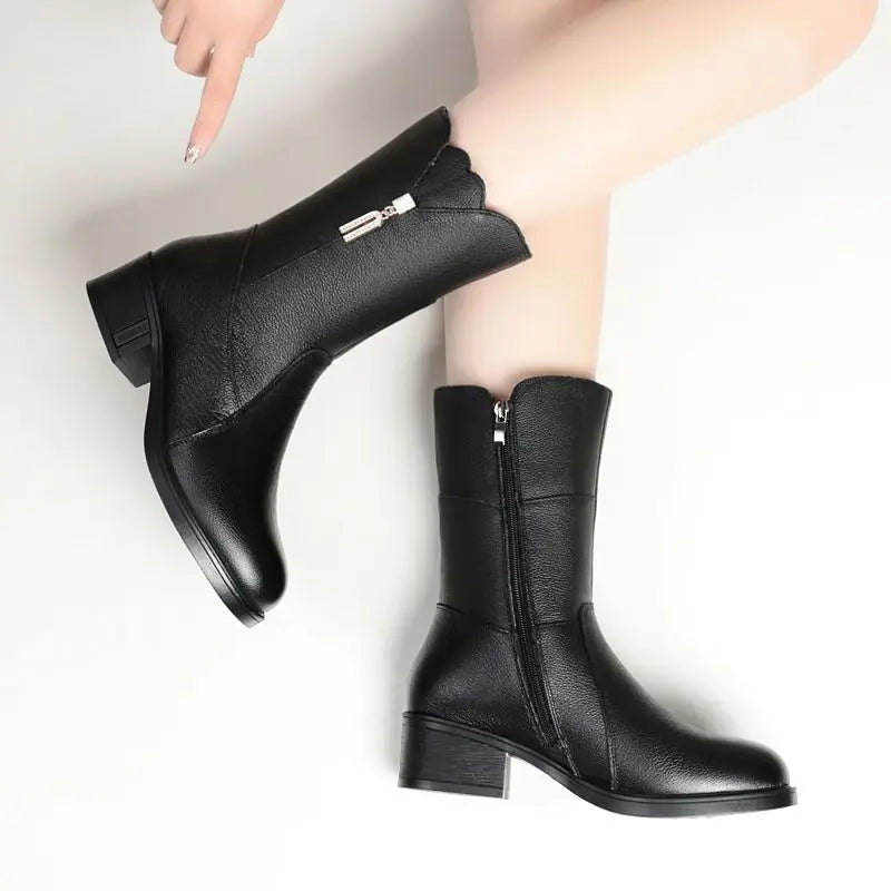 Footwear Half High Women's Boots Middle Heel Shoes for Woman Black Rhinestone Mid Calf Fashion 2024 Designer Luxury Goth Pu Boot