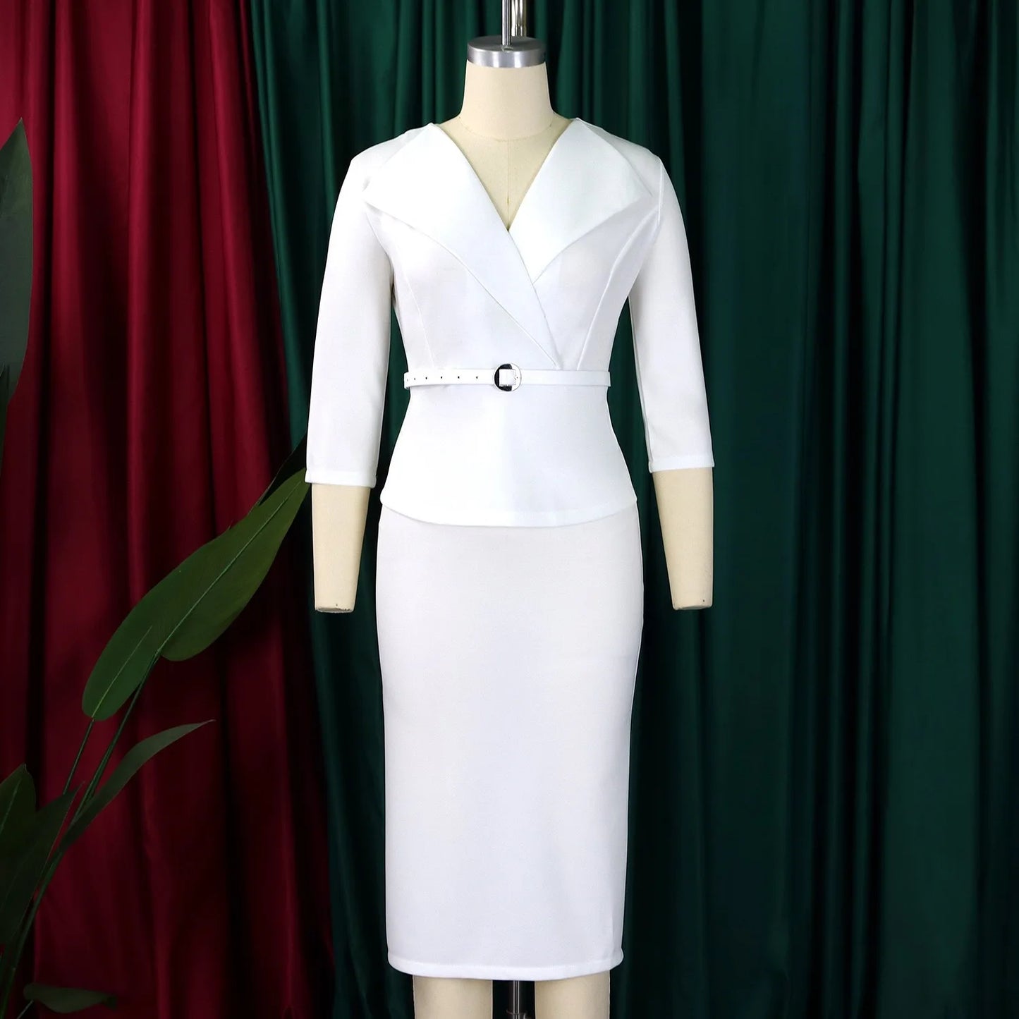 Elegant Office Dresses for Woman V Neck Full Sleeve Belt Waisted Sheath Package Hips Mid Calf Formal Business Work Wear Gowns OL