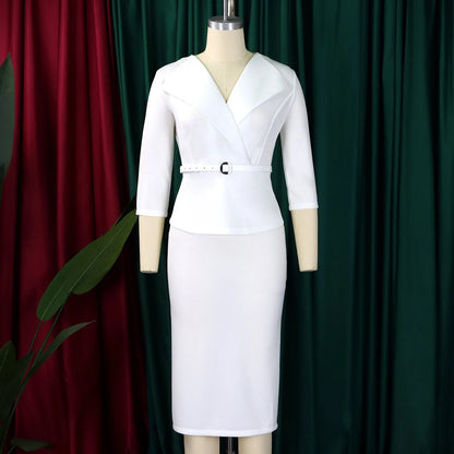 Elegant Office Dresses for Woman V Neck Full Sleeve Belt Waisted Sheath Package Hips Mid Calf Formal Business Work Wear Gowns OL