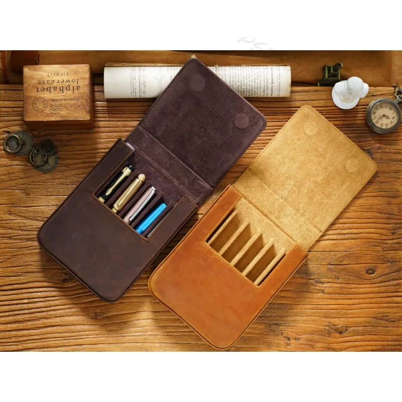 Crazy Horse Leather Pen Box Handmade Magnetic Drawer Style Student Pen Bag Storage Box Office Student Supplies