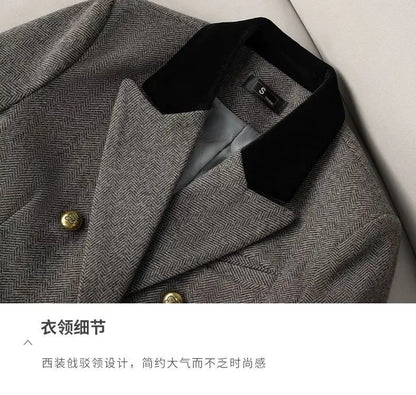 Women's Office Woolen Suit Jacket for women 2025 New Autumn Winter Chic gray Herringbone pattern Suit Female Thick Casual Coat