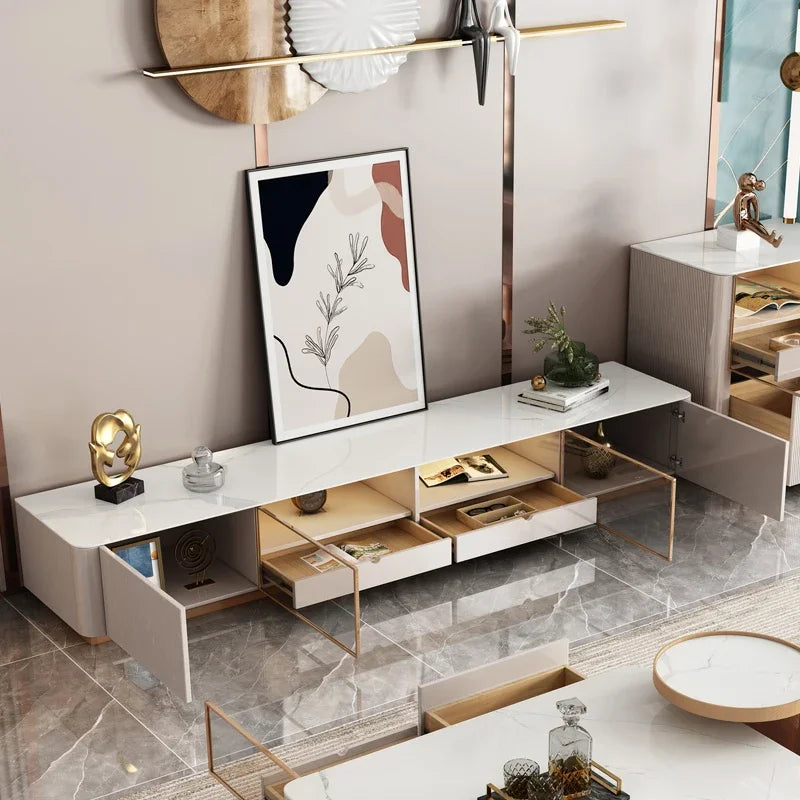 Living Room Furniture Modern Luxury Cabinet TV Stand Stainless Steel +mdf+rock Plate+solid Wood Carton + Wooden Frame Storage