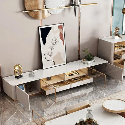 Living Room Furniture Modern Luxury Cabinet TV Stand Stainless Steel +mdf+rock Plate+solid Wood Carton + Wooden Frame Storage