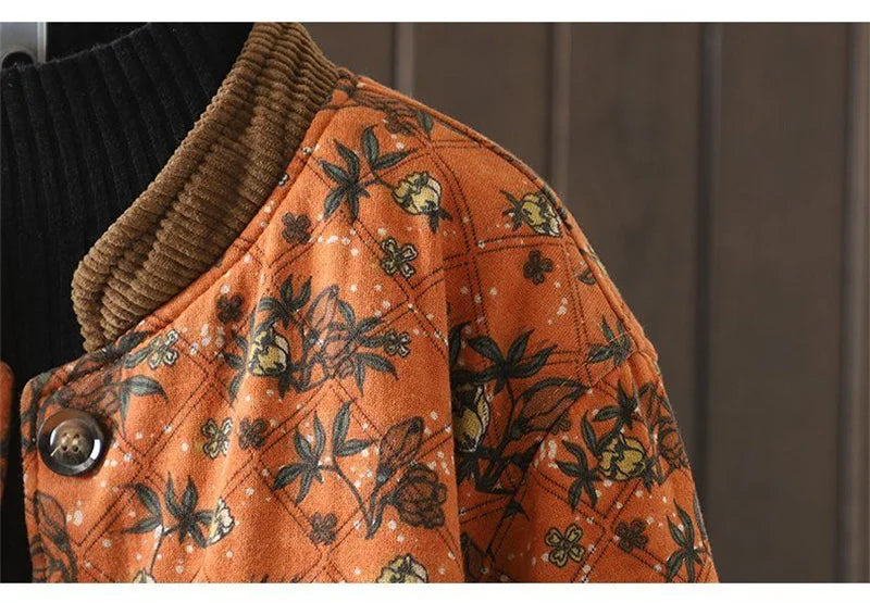 Women Retro Floral Plate Buckle Cotton Jacket Thickened Warm Cotton Clothing Cotton Linen Printed Autumn Winter Cotton Jacket
