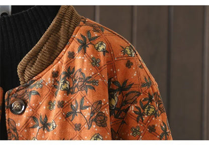 Women Retro Floral Plate Buckle Cotton Jacket Thickened Warm Cotton Clothing Cotton Linen Printed Autumn Winter Cotton Jacket