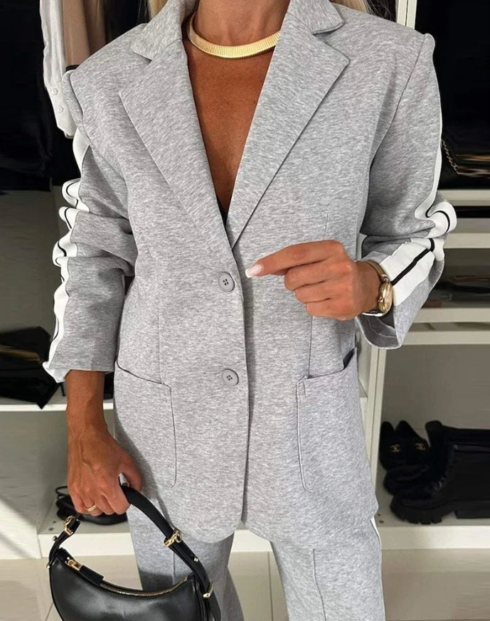 Women's Fashion Suits Autumn Winter Latest 2025 Striped Side Sporty Tape Notched Collar Front Button Blazer Wide-Leg Pants  Set