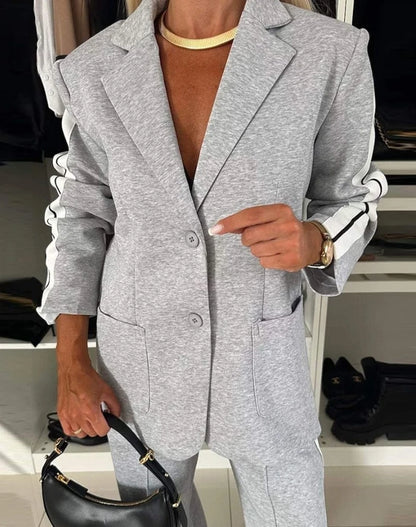 Women's Fashion Suits Autumn Winter Latest 2025 Striped Side Sporty Tape Notched Collar Front Button Blazer Wide-Leg Pants  Set