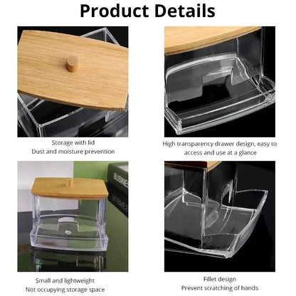 1set Transparent Acrylic Wood Cover Cotton Swab Box With 500 Cotton Swabs Cosmetic Cotton Storage Box