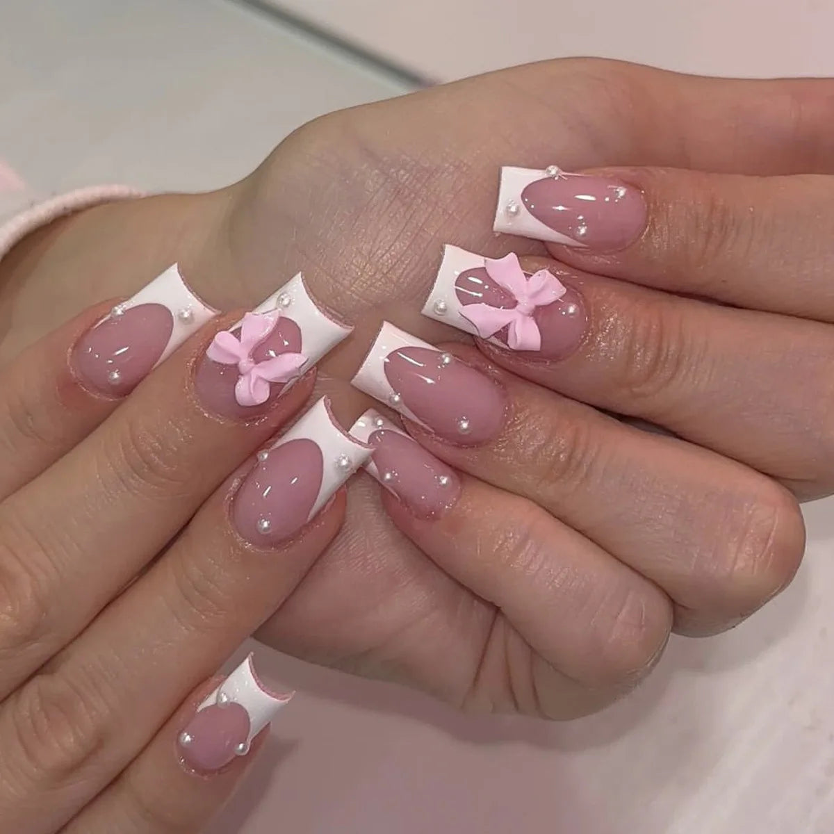 24Pcs Pink French Style Fake Nails 3D Bowknot Designs Short Square Press on Nails Sweet Korean Fashion False Nail for Women Girl