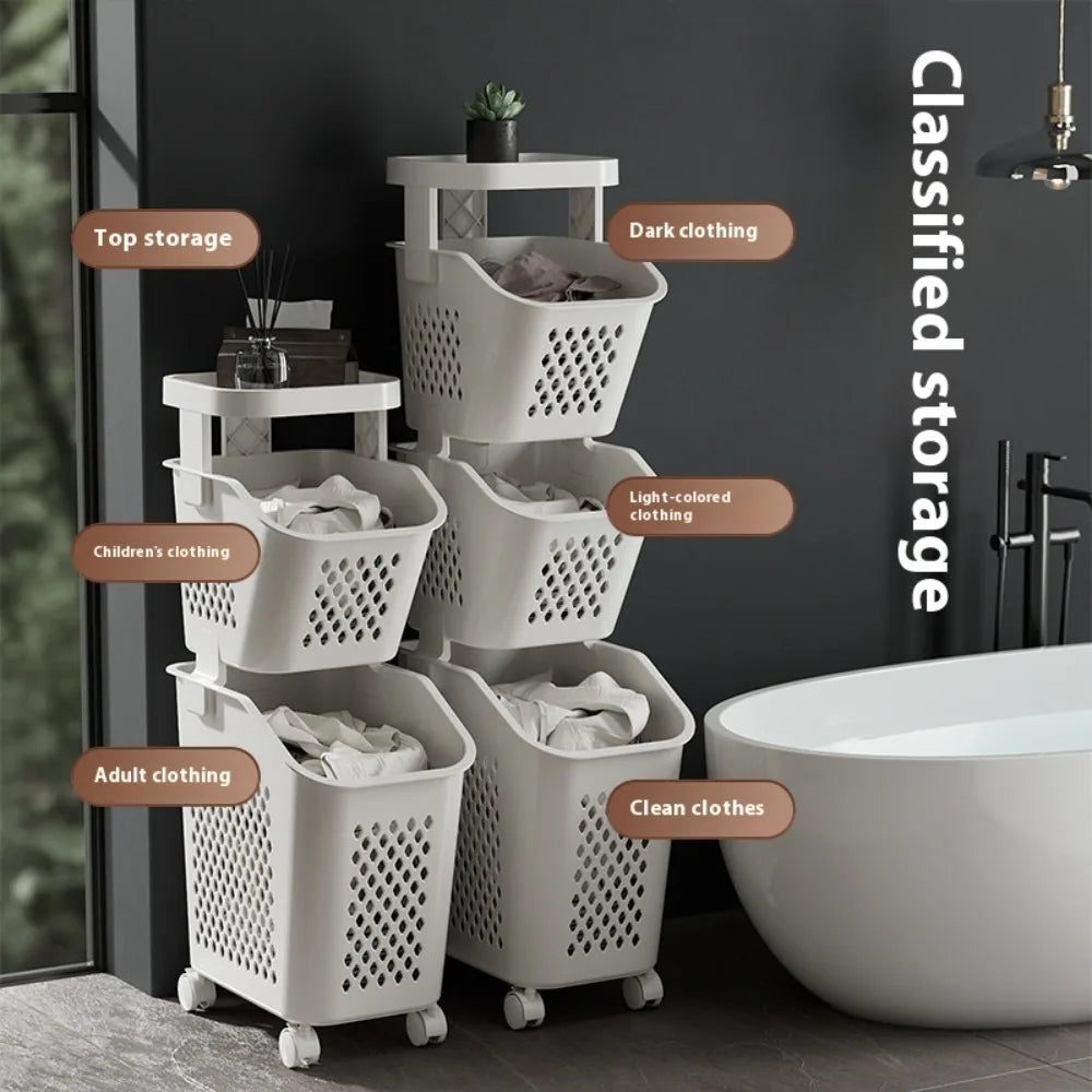 Multilayer Laundry Storage Basket Wheels Pp Plastic Laundry Baskets With Wheel Household Sundries Bathroom Toilet Storage Rack