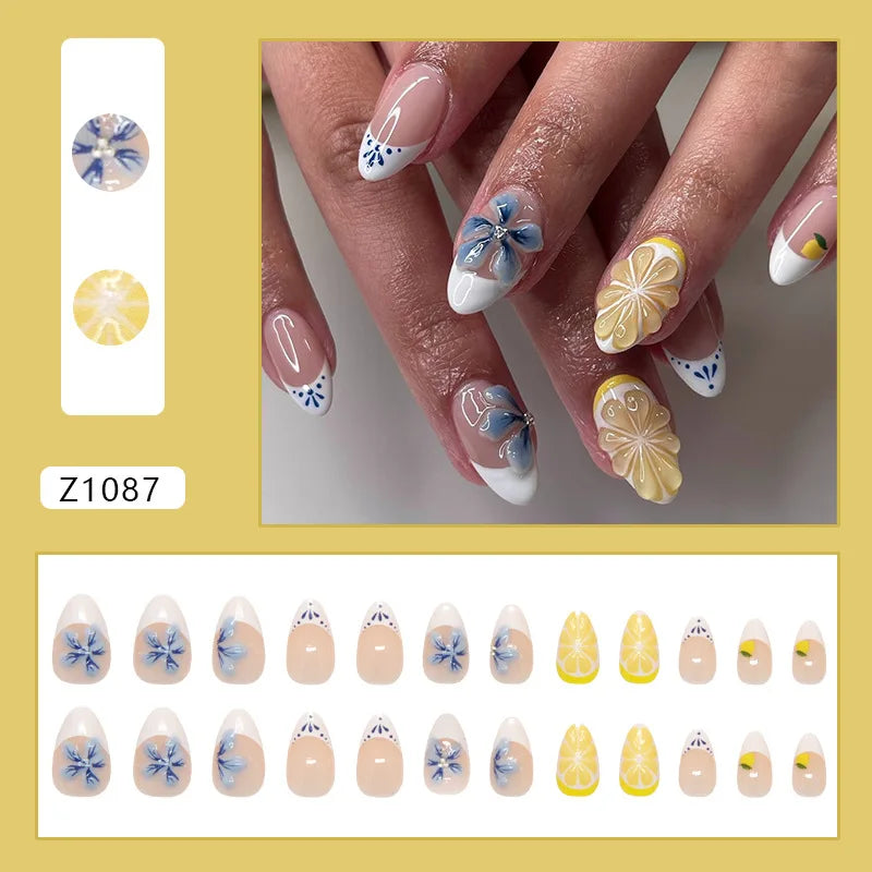 24pcs White Flower Fake Nail Tips Ins Yellow Pink Blush False Nails Wearable Full Cover European Almond Shaped Press on Nails