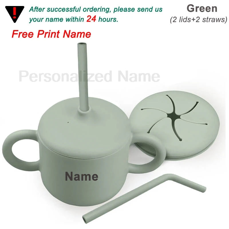 Food Grade Silicone Baby Feeding Cups Personalized Name Children Learn Drinking Cups Sippy Cups Kids Toddlers Straw Water Bottle