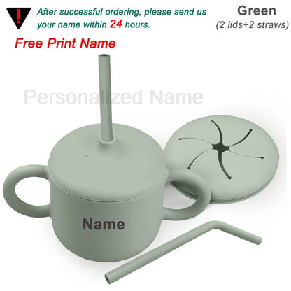 Food Grade Silicone Baby Feeding Cups Personalized Name Children Learn Drinking Cups Sippy Cups Kids Toddlers Straw Water Bottle