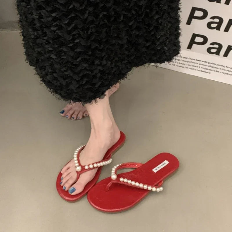 Woman Fashion Flip Flops 2025 Summer New Korean Style Soft Bottom Anti-slippery Versatile Princess Beading Simple Beach Slippers