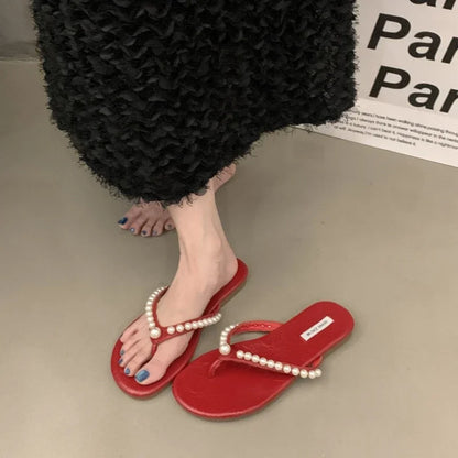 Woman Fashion Flip Flops 2025 Summer New Korean Style Soft Bottom Anti-slippery Versatile Princess Beading Simple Beach Slippers