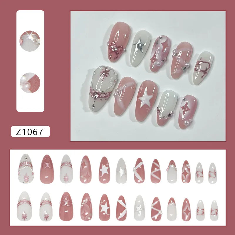 24pcs White Flower Fake Nail Tips Ins Yellow Pink Blush False Nails Wearable Full Cover European Almond Shaped Press on Nails