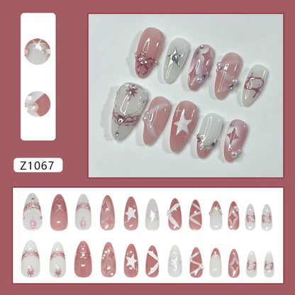24pcs White Flower Fake Nail Tips Ins Yellow Pink Blush False Nails Wearable Full Cover European Almond Shaped Press on Nails
