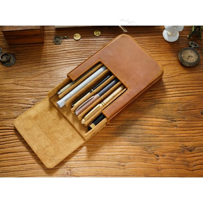 Crazy Horse Leather Pen Box Handmade Magnetic Drawer Style Student Pen Bag Storage Box Office Student Supplies